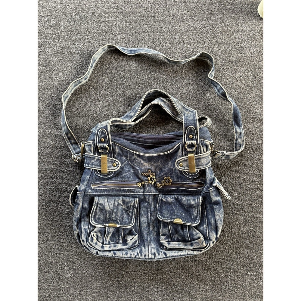 Angel Kiss Denim Shoulder Bag Acid Wash Blue Jean Crossbody Multi Pocket Purse